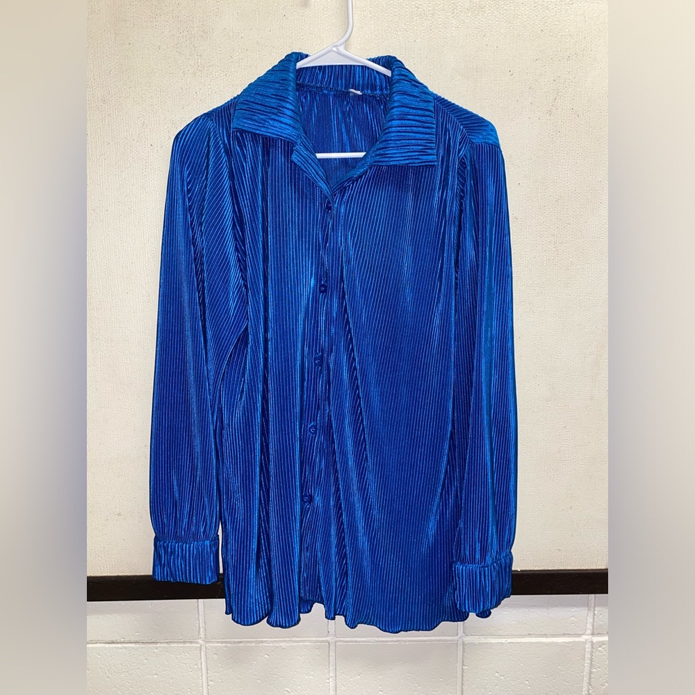 Bright Blue Pleated Button-Up Shirt